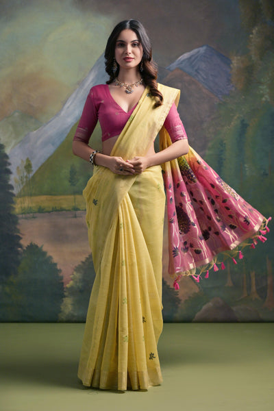 Indyancart GR Women's Yellow Woven Muga Silk Saree