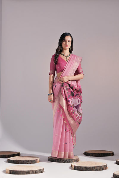 Indyancart GR Women's Jissa Pink Muga Cotton Pichwai Saree