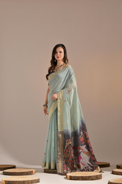 Indyancart GR Women's Jissa Firozi Blue Muga Cotton Pichwai Saree