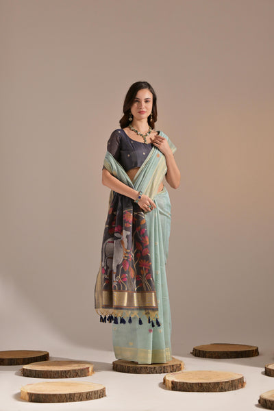 Indyancart GR Women's Jissa Firozi Blue Muga Cotton Pichwai Saree
