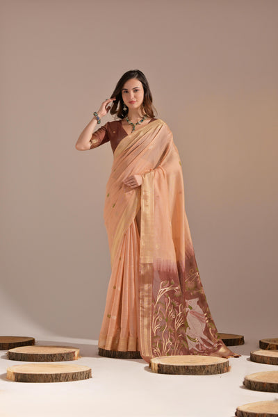 Indyancart GR Women's Jissa Peach Orange Muga Cotton Pichwai Saree