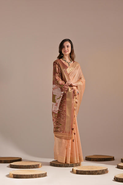 Indyancart GR Women's Jissa Peach Orange Muga Cotton Pichwai Saree