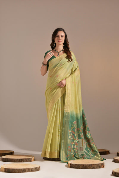 Indyancart GR Women's Jissa Green Muga Cotton Pichwai Saree