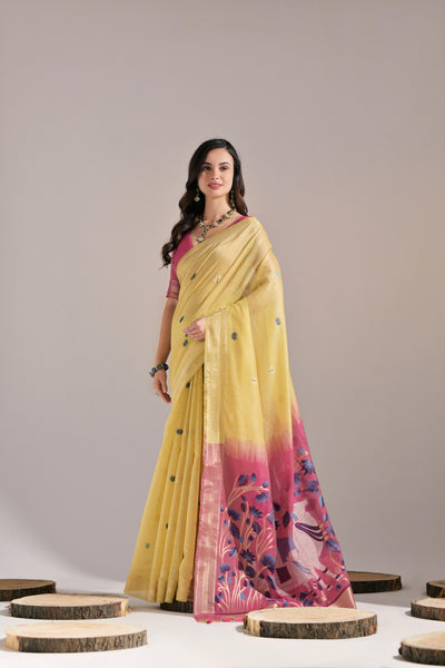 Indyancart GR Women's Jissa Yellow Muga Cotton Pichwai Saree