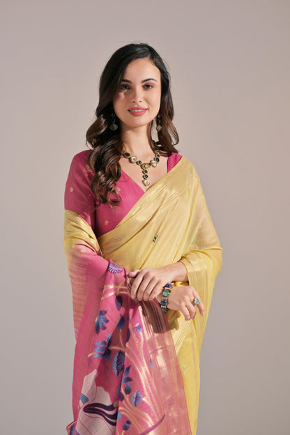 Dhiyona GR Women's Jissa Yellow Muga Cotton Pichwai Saree
