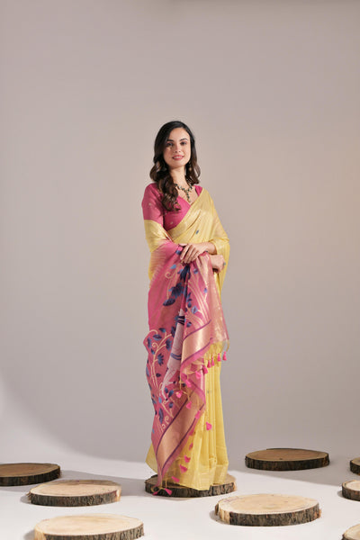 Indyancart GR Women's Jissa Yellow Muga Cotton Pichwai Saree