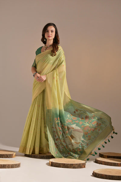 Indyancart GR Women's Jissa Green Muga Cotton Pichwai Saree