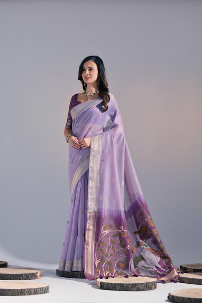 Indyancart GR Women's Jissa Lavender Muga Cotton Pichwai Saree
