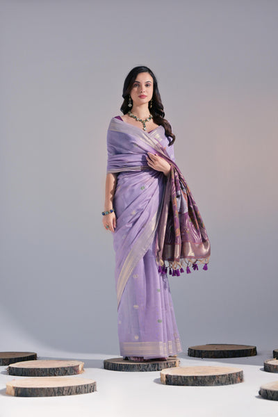 Indyancart GR Women's Jissa Lavender Muga Cotton Pichwai Saree
