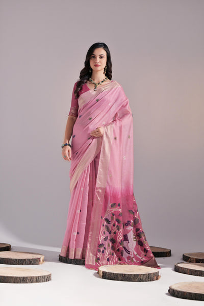 Indyancart GR Women's Jissa Pink Muga Cotton Pichwai Saree