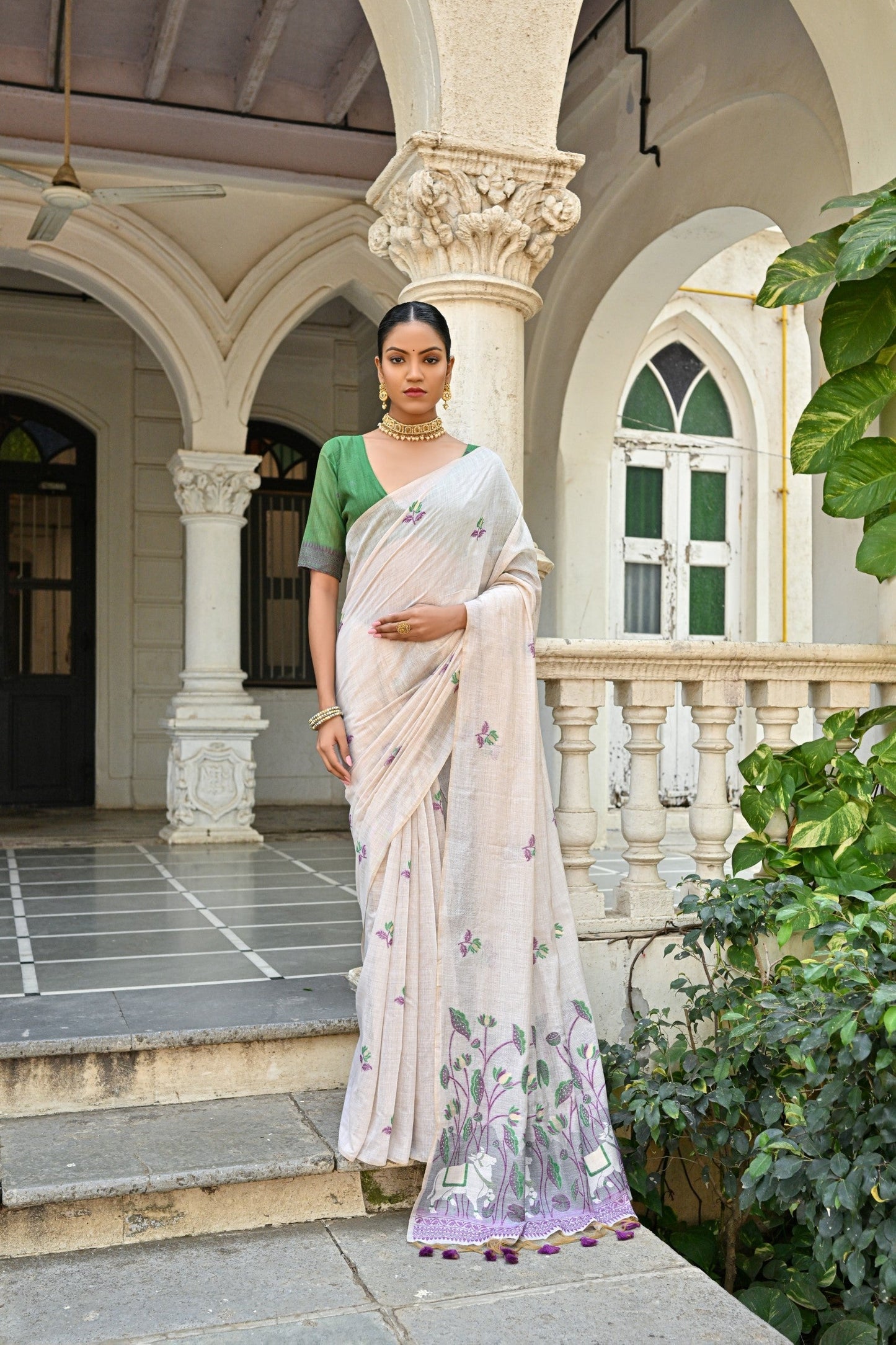 Dhiyona GR Women's Pranshi Wine Pichwai Muga Cotton Saree