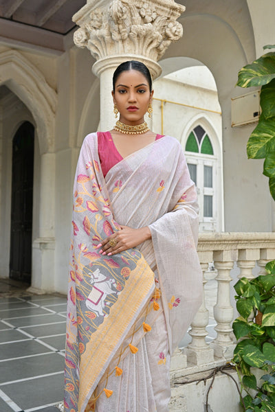 Indyancart GR Women's Pranshi Mustard Yellow Pichwai Muga Cotton Saree