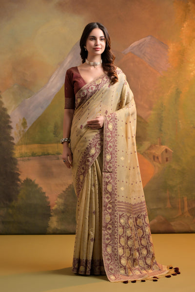 Indyancart GR Women's Nargis Beige Muga Cotton Saree