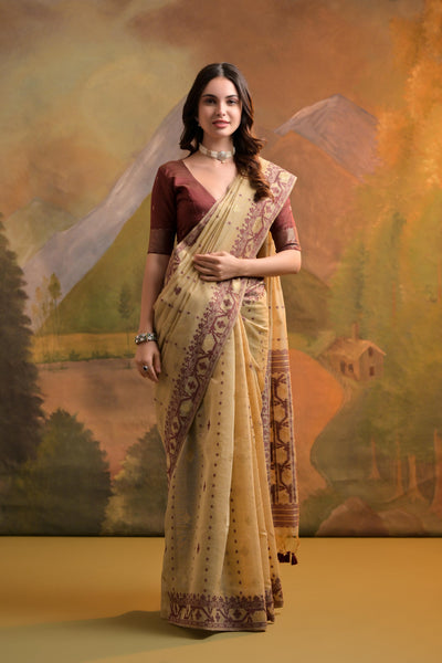Indyancart GR Women's Nargis Beige Muga Cotton Saree