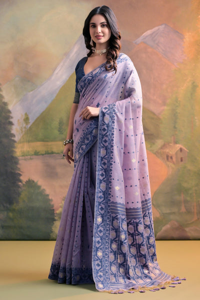 Indyancart GR Women's Nargis Lavender Muga Cotton Saree