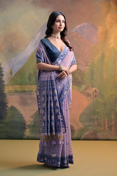 Indyancart GR Women's Nargis Lavender Muga Cotton Saree
