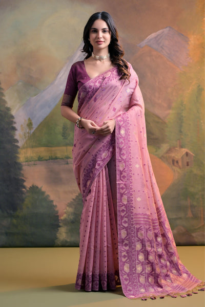 Indyancart GR Women's Nargis Pink Muga Cotton Saree