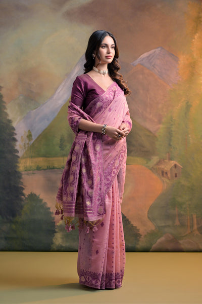 Indyancart GR Women's Nargis Pink Muga Cotton Saree