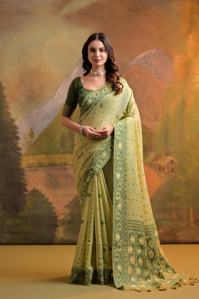 Indyancart GR Women's Nargis Green Muga Cotton Saree
