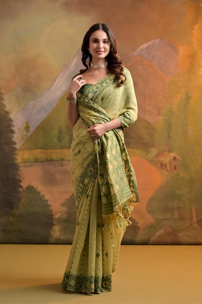Indyancart GR Women's Nargis Green Muga Cotton Saree