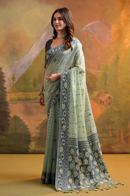 Dhiyona GR Women's Nargis Sea Green Muga Cotton Saree