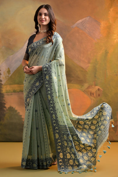 Indyancart GR Women's Nargis Sea Green Muga Cotton Saree