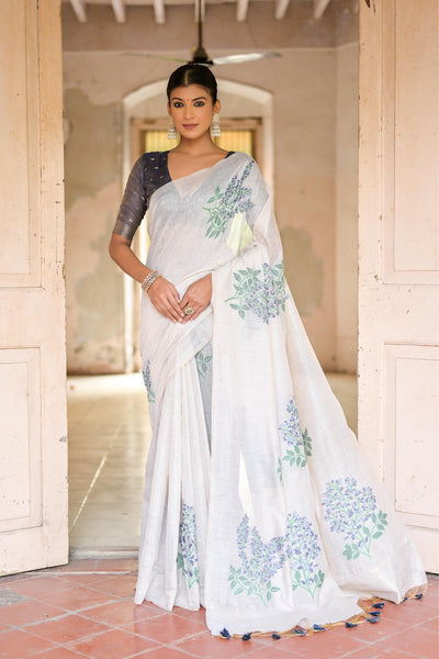 Indyancart GR Women's Ice White & Navy Muga Cotton Woven Saree