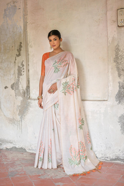 Indyancart GR Women's Ice White & Orange Muga Cotton Woven Saree