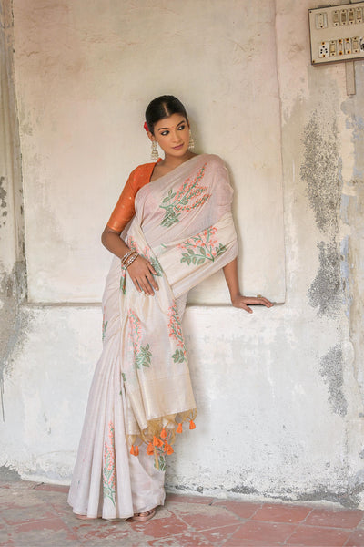 Indyancart GR Women's Ice White & Orange Muga Cotton Woven Saree
