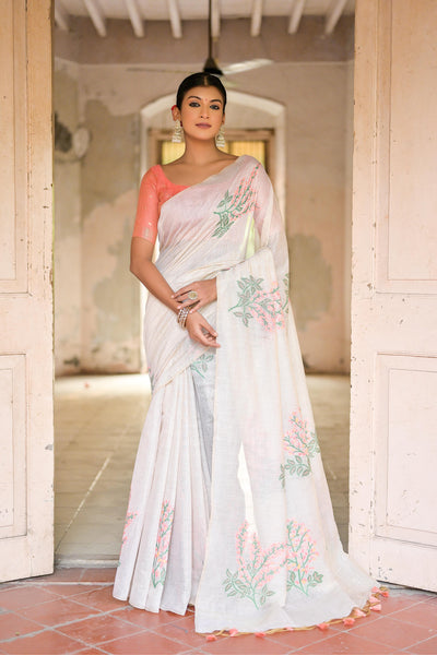 Indyancart GR Women's Ice White & Peach Muga Cotton Woven Saree