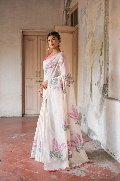 Indyancart GR Women's Ice White & Pink Muga Cotton Woven Saree