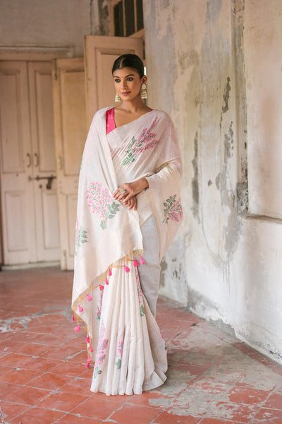 Indyancart GR Women's Ice White & Pink Muga Cotton Woven Saree
