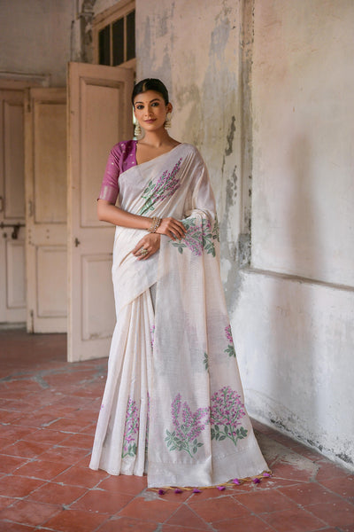 Indyancart GR Women's Ice White & Wine Muga Cotton Woven Saree