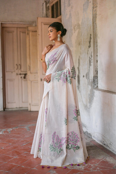 Indyancart GR Women's Ice White & Wine Muga Cotton Woven Saree