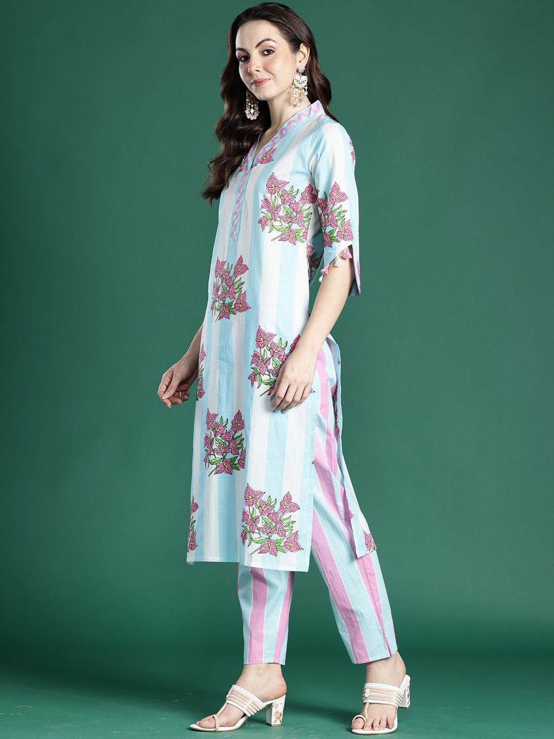 Indyancart IE Indo era Printed Pure Cotton V Neck Top With Trousers Co-Ords Set