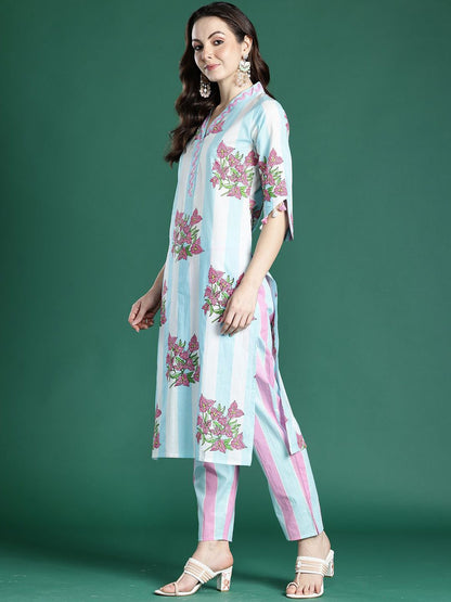Indyancart IE Indo era Printed Pure Cotton V Neck Top With Trousers Co-Ords Set