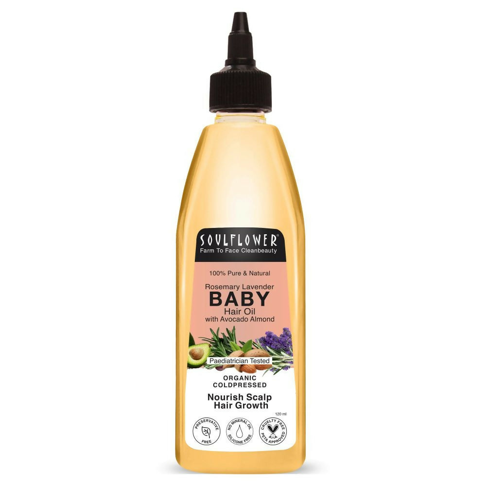 A bottle of Soulflower Rosemary Lavender Baby Hair Oil with a baby hairbrush and natural ingredients displayed.