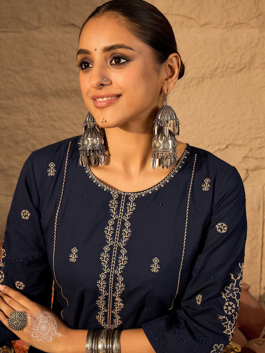 Women Ethnic Motifs Embroidered Pure Cotton A-Line Kurta with Trouser