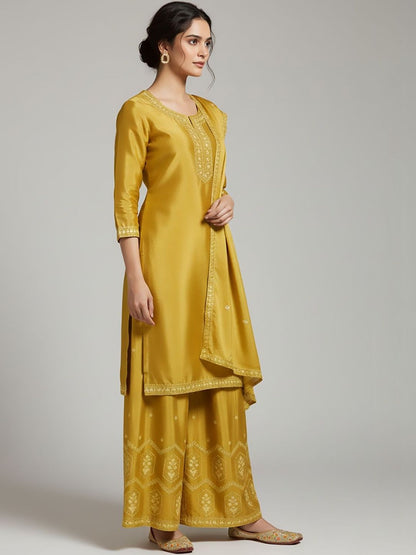 Indyancart VA Women Ethnic Motifs Embroidered Regular Thread Work Silk Crepe Kurta with Palazzos & With Dupatta
