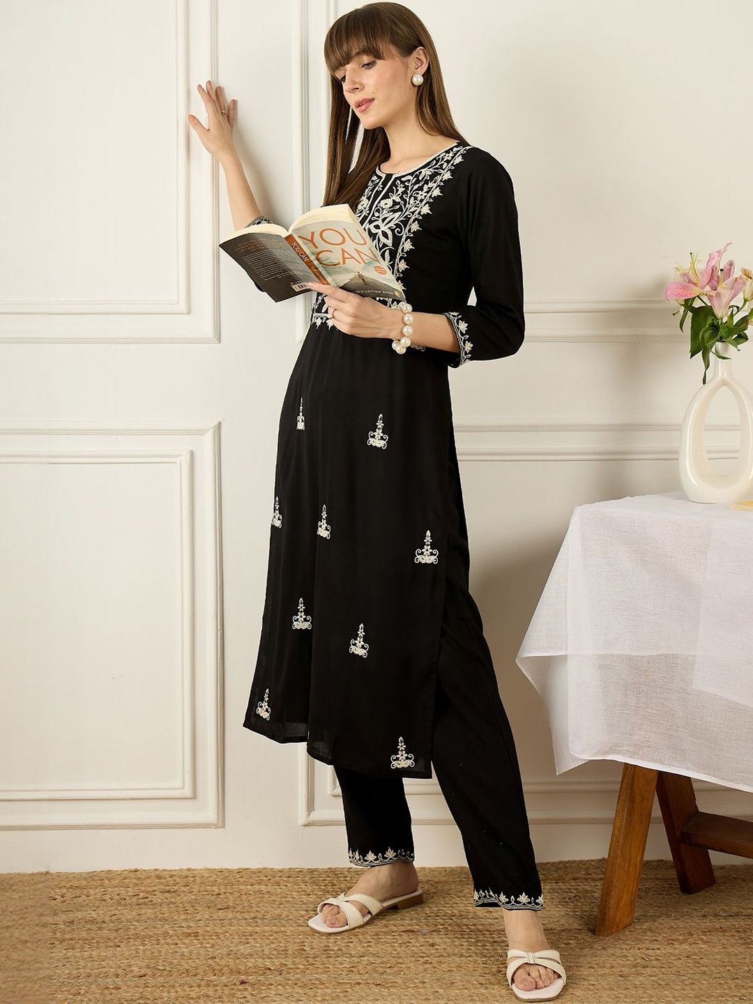 Floral Yoke Design Thread Work Pure Cotton Kurta With Palazzos