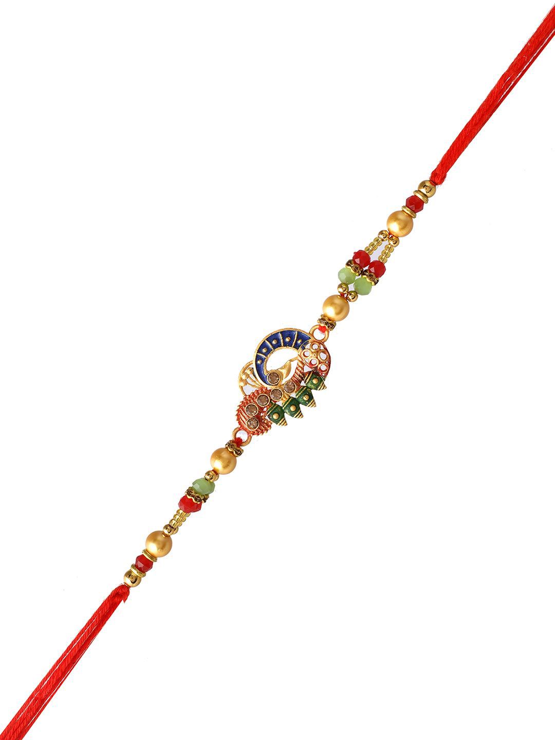 Anouk Red Stone Studded & Beaded Thread Rakhi With Roli Chawal & Greeting Card