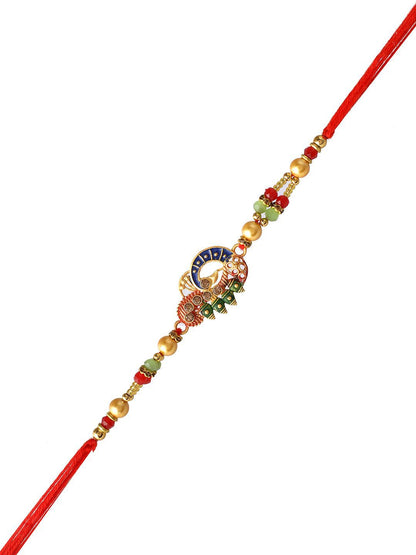 Anouk Red Stone Studded & Beaded Thread Rakhi With Roli Chawal & Greeting Card