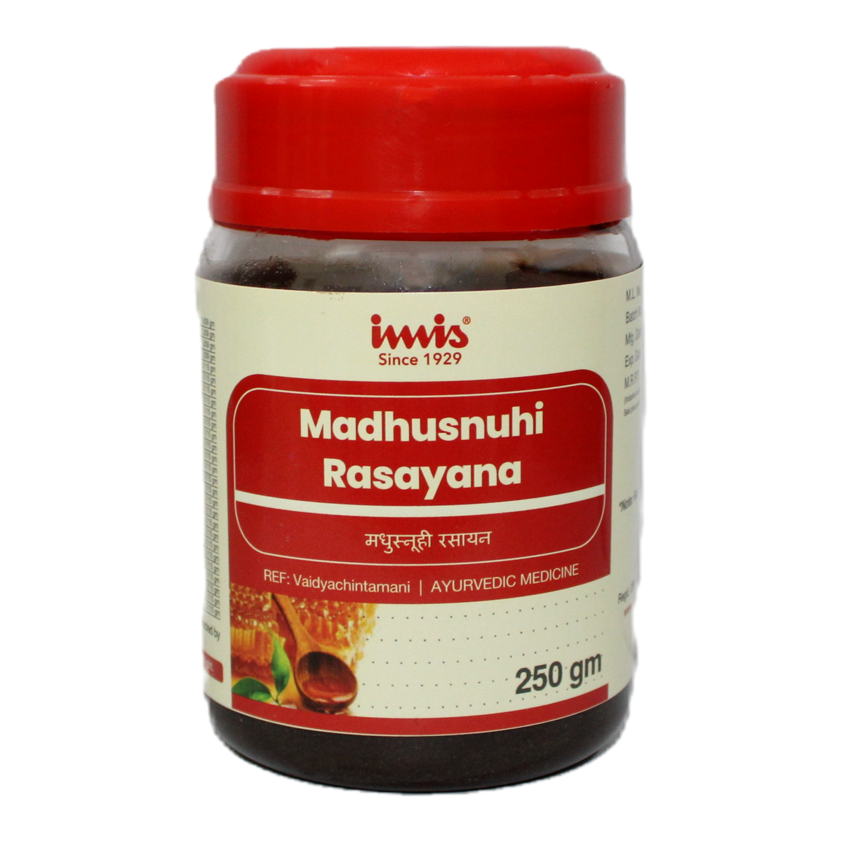 IMIS Ayurveda Madhusnuhi Rasayana Ayurvedic Churna in 250g package, showing the herbal powder in a clear container.