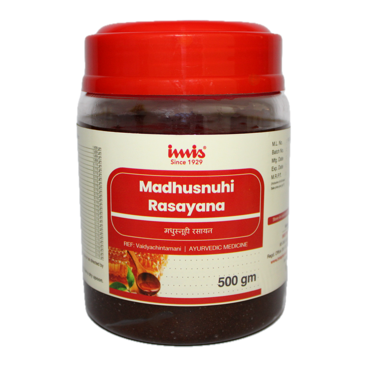 IMIS Ayurveda Madhusnuhi Rasayana Ayurvedic churna in 500g package, with dried Madhusnuhi herbs and traditional Ayurvedic packaging