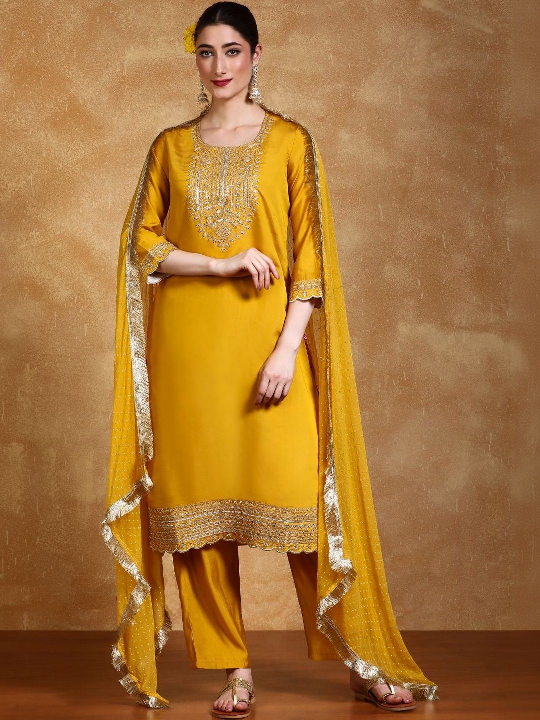 Indyancart VA Women Ethnic Motifs Embroidered Regular Thread Work Kurta with Palazzos & With Dupatta