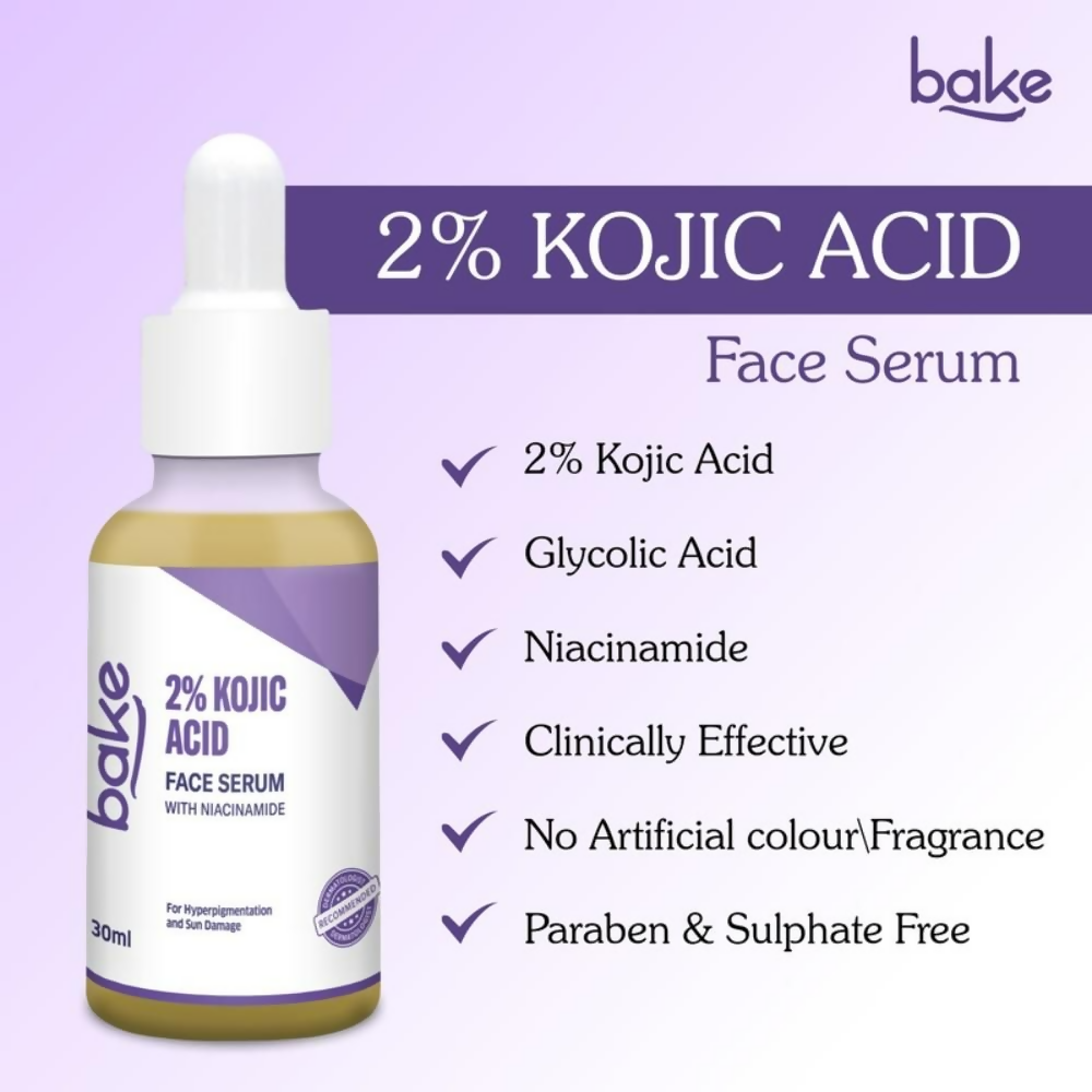 Bake 2% Kojic Acid and Niacinamide face serum in a clear bottle, showcasing the skincare product for brightening and evening skin tone.