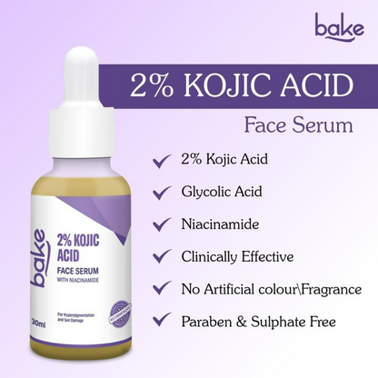 Bake 2% Kojic Acid and Niacinamide face serum in a clear bottle, showcasing the skincare product for brightening and evening skin tone.