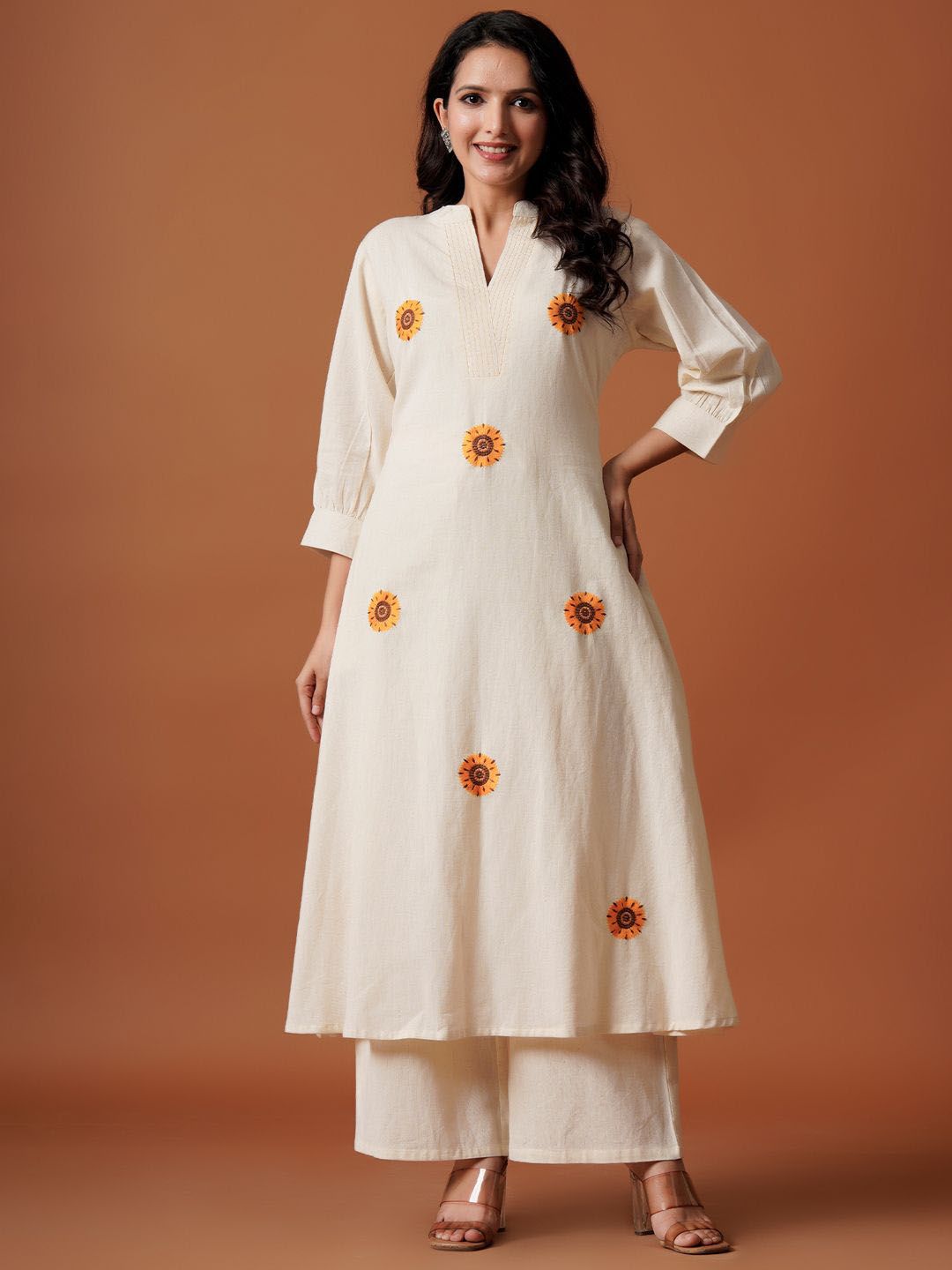 Indyancart IE Embroidered Mandarin Collar Pure Cotton A-Line Top With Trousers