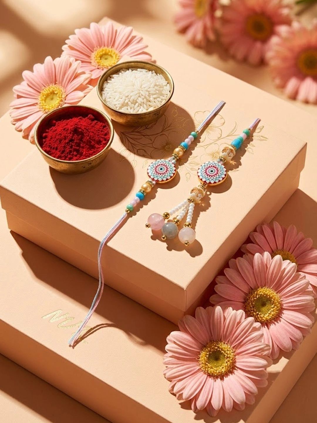 Anouk Set Of 2 Floral Design Bhaiya Bhabhi Rakhi With Roli Chawal Chandan Mishri