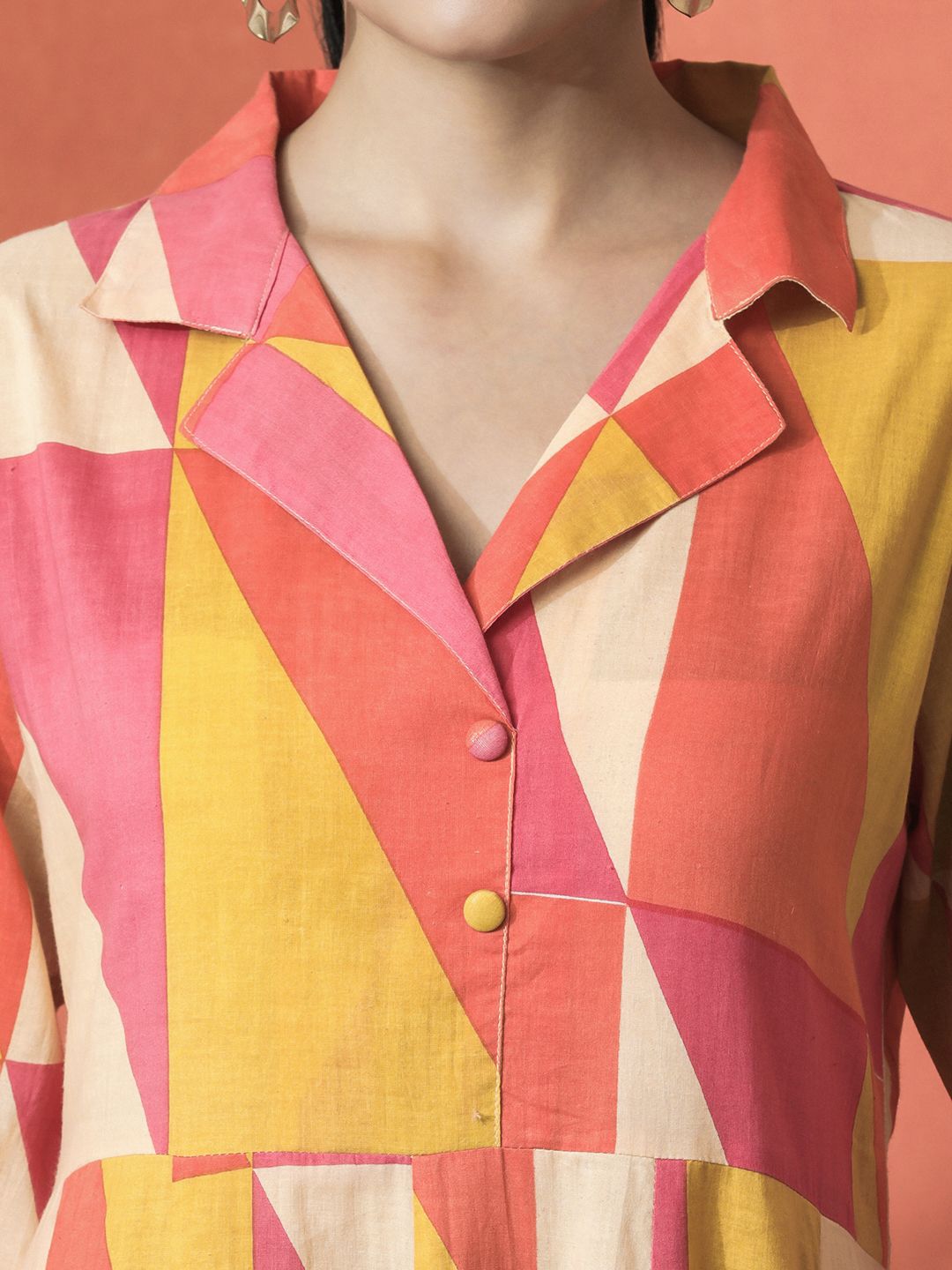 Indyancart SN Women's Colourblocked Shirt Collar A-Line Pure Cotton Kurta With Trousers